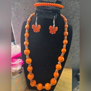 Orange Beaded Necklace, Bracelet, and Earrings Set